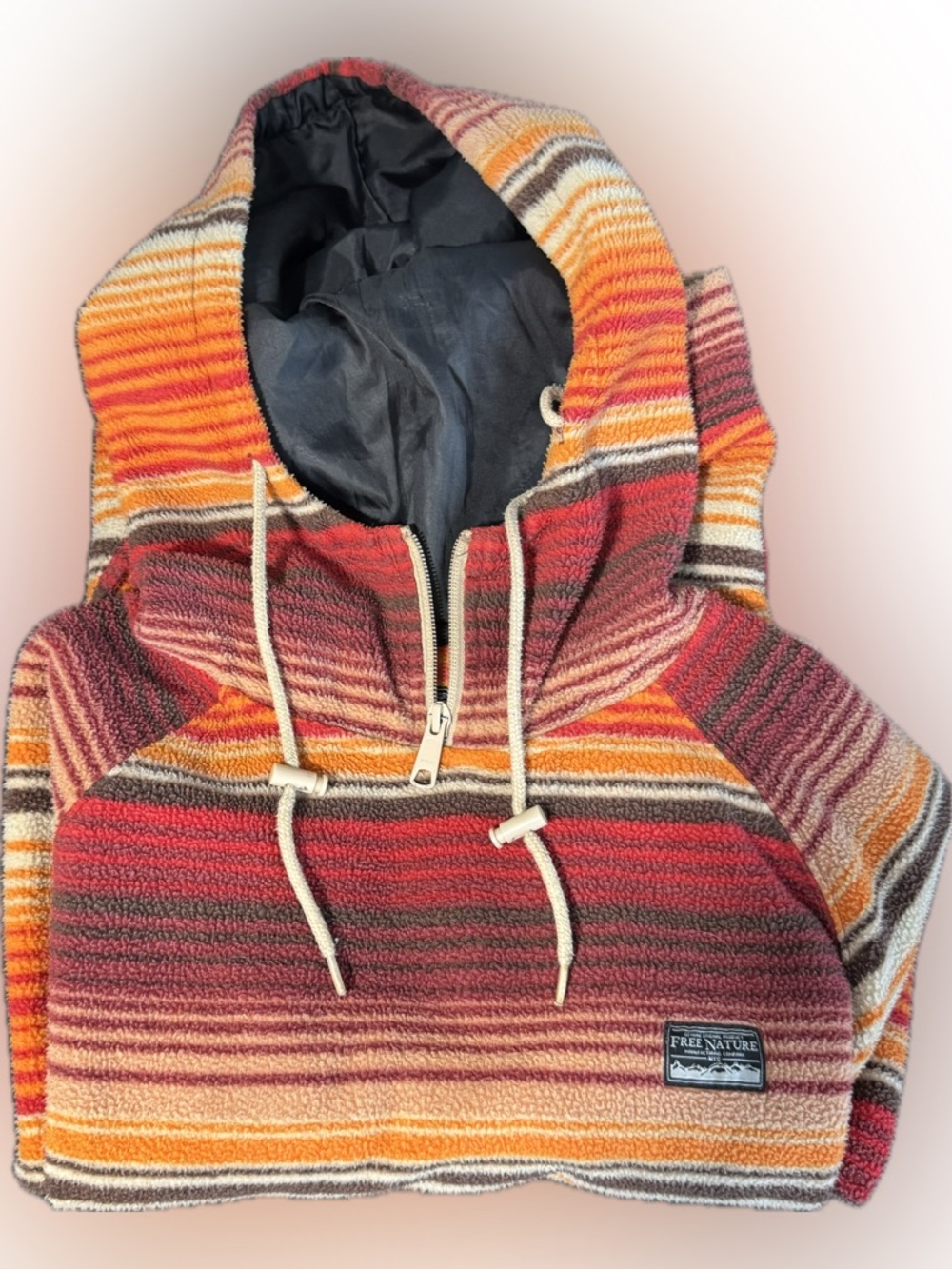 Free Nature Striped Fleece Hoodie Pullover 1/4 Zip Warm Cozy. Size S